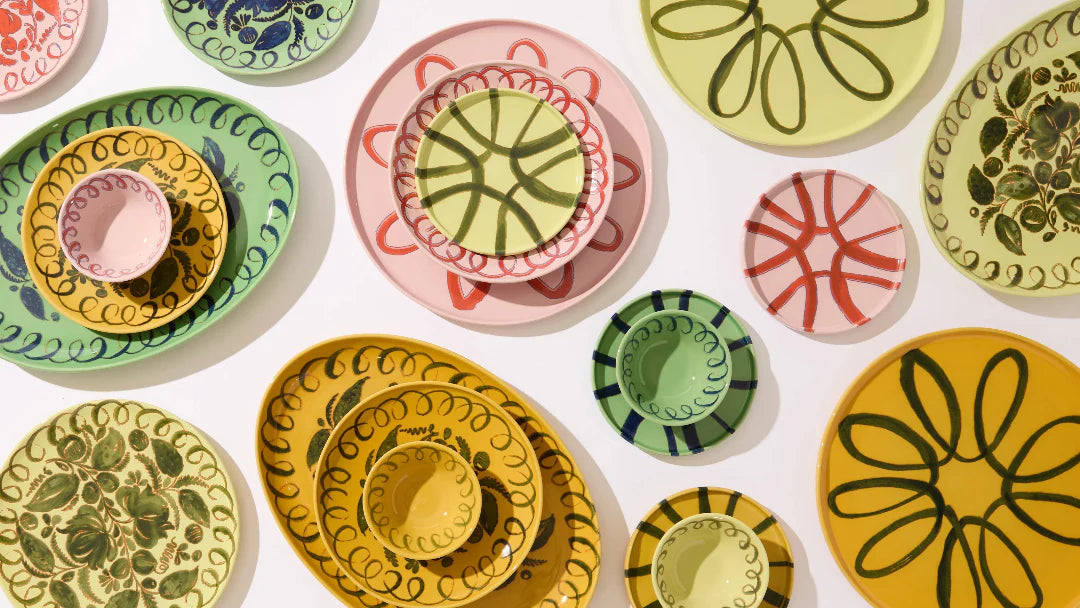 Colourful Dishes ranging from green, pink and yellow