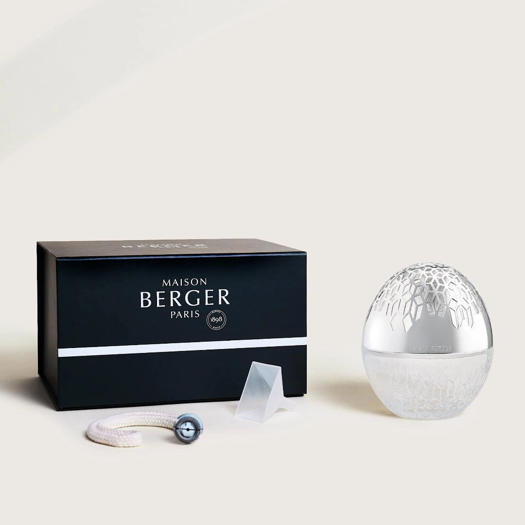 Maison Berger Paris Lamp. A Frosted glass egg-shaped lamp, and a small funnel & wick/burner
