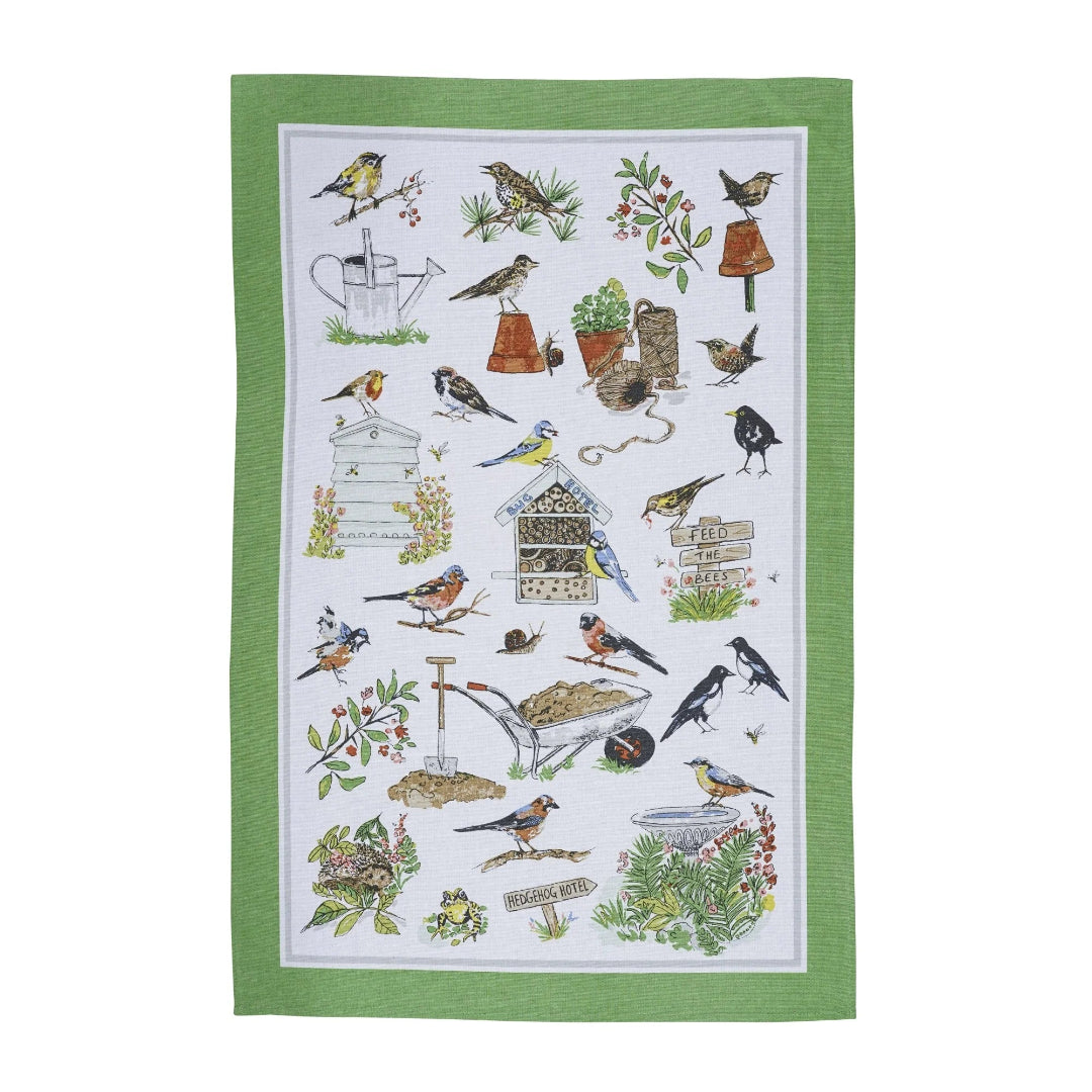 Decorative tea towel with bird and garden-themed illustrations on a white background