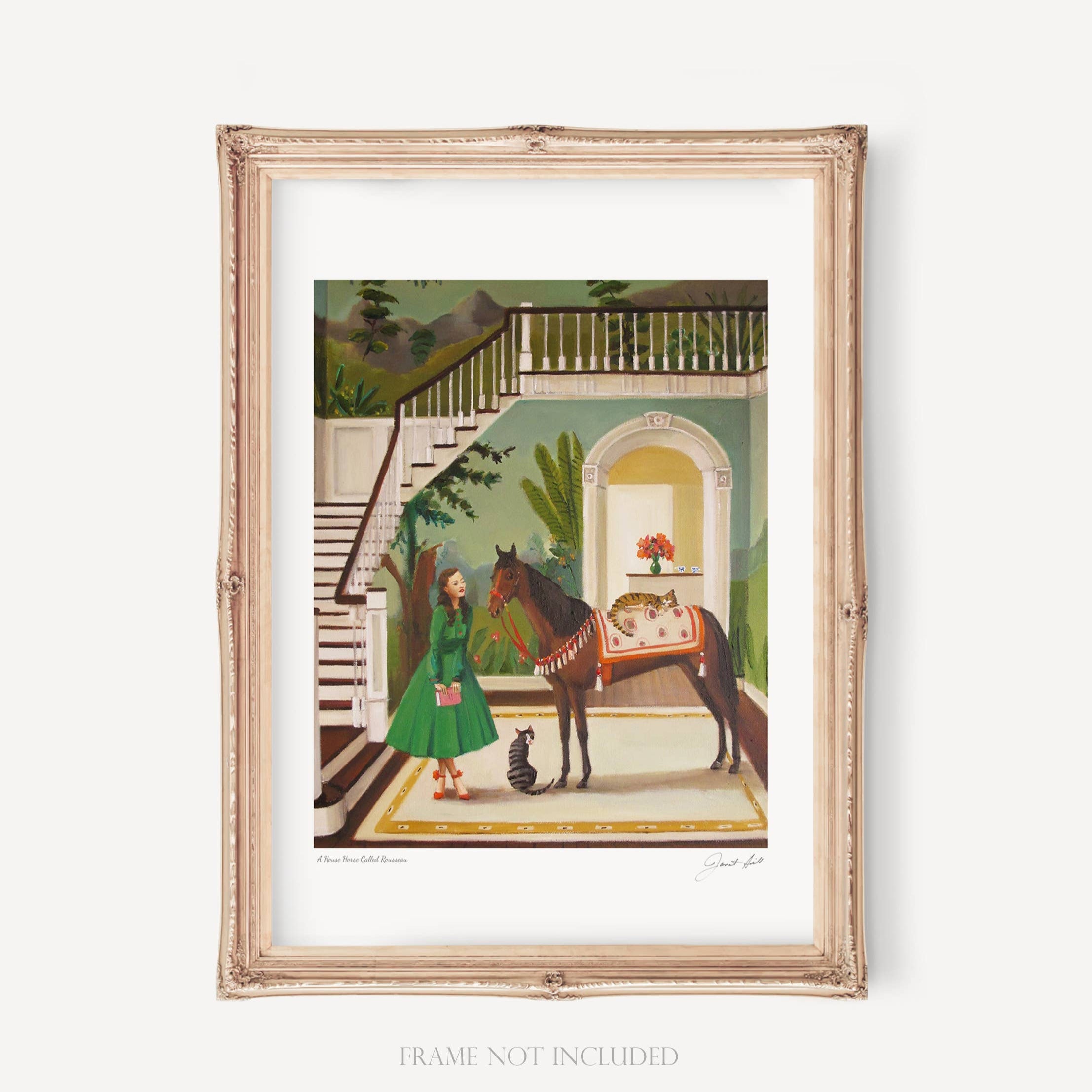 A framed art print featuring a scene with a woman in a green dress, a black horse, and a white cat, set against a staircase and columned background.