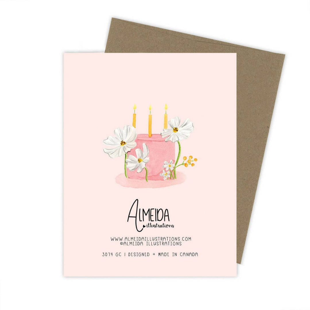 Greeting card with a pink cake illustration featuring flowers and candles, on a white background.