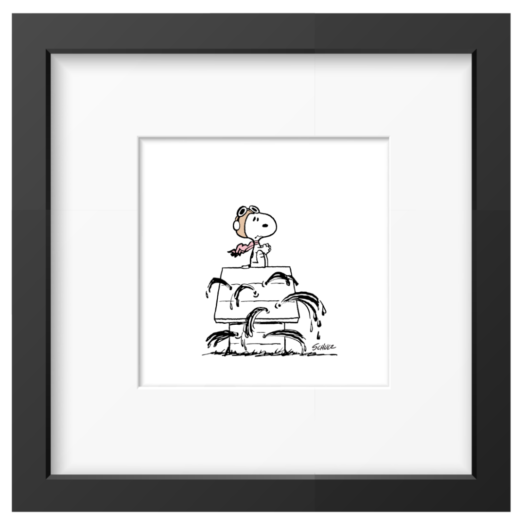 Framed black and white illustration of Snoopy on his house