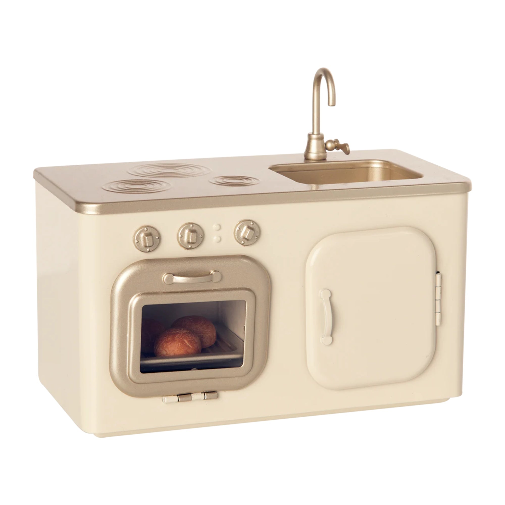 Vintage-style kitchenette with oven, stove, and sink on a white background