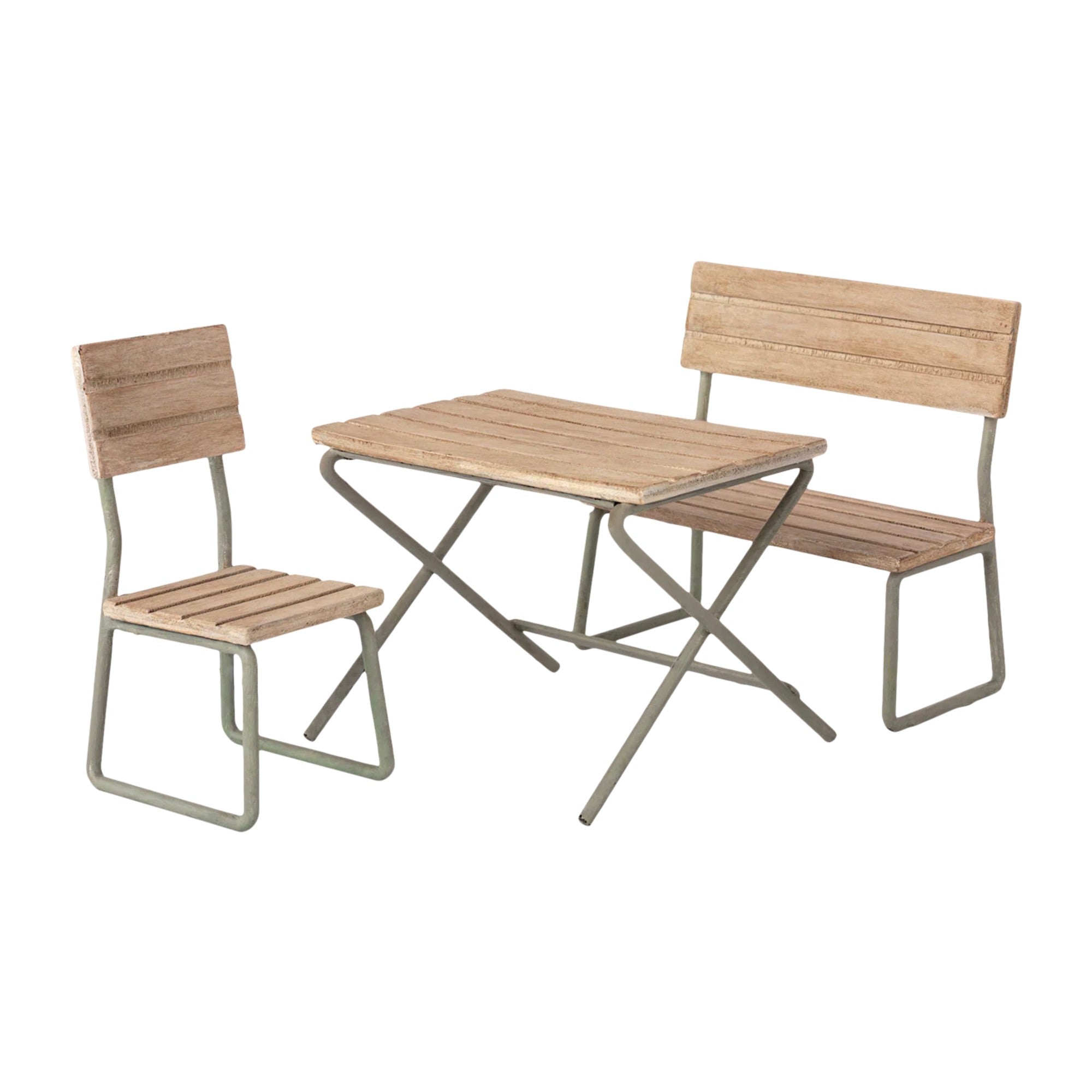 Wooden outdoor table and chairs set on a white background