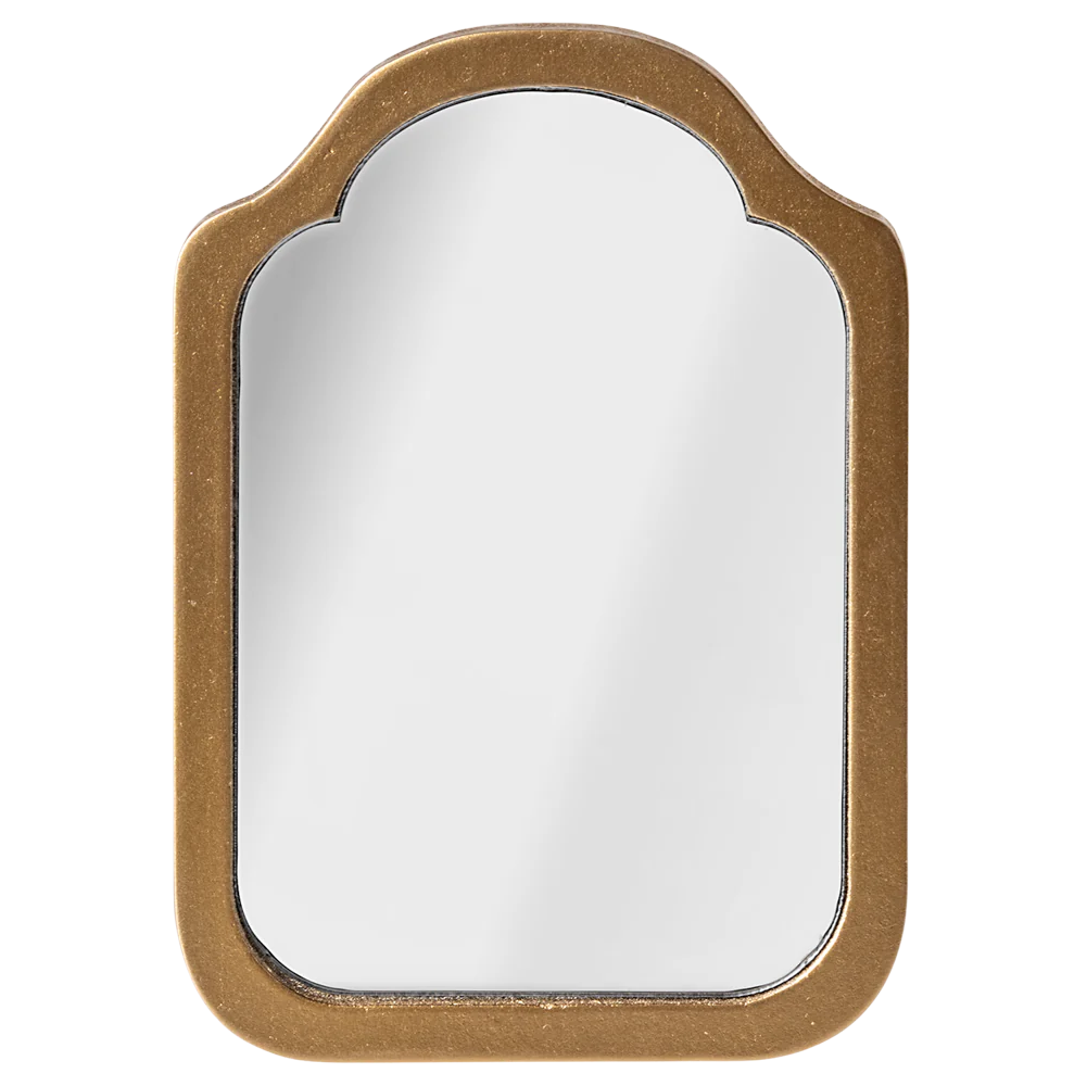 A miniature golden mirror with a decorative frame suitable for dollhouse playsets.