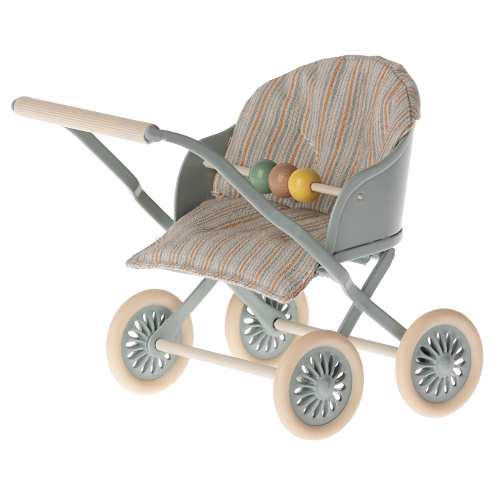 Blue toy stroller with patterned seat on a white background