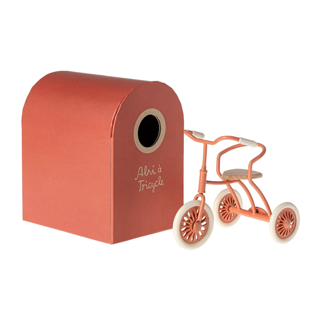 Coral-colored tricycle next to a matching box on a white background