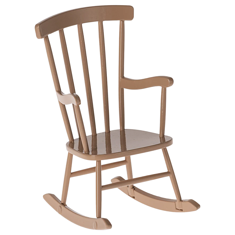 A small, toy-sized rocking chair with a dark powder color, suitable for a mouse doll.