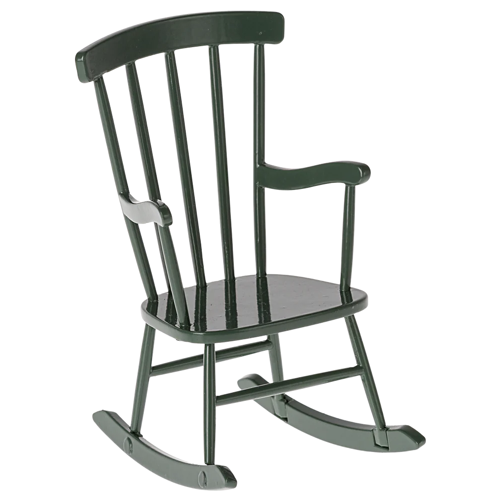 A dark green miniature rocking chair designed for a mouse doll.