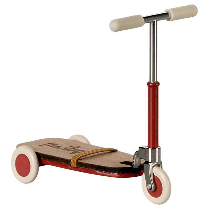 A red and beige children's kick scooter with wooden details and metal handlebars.