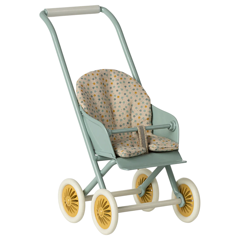A toy stroller in mint color with a checkered pattern on the seat, suitable for bunny or rabbit size micro.