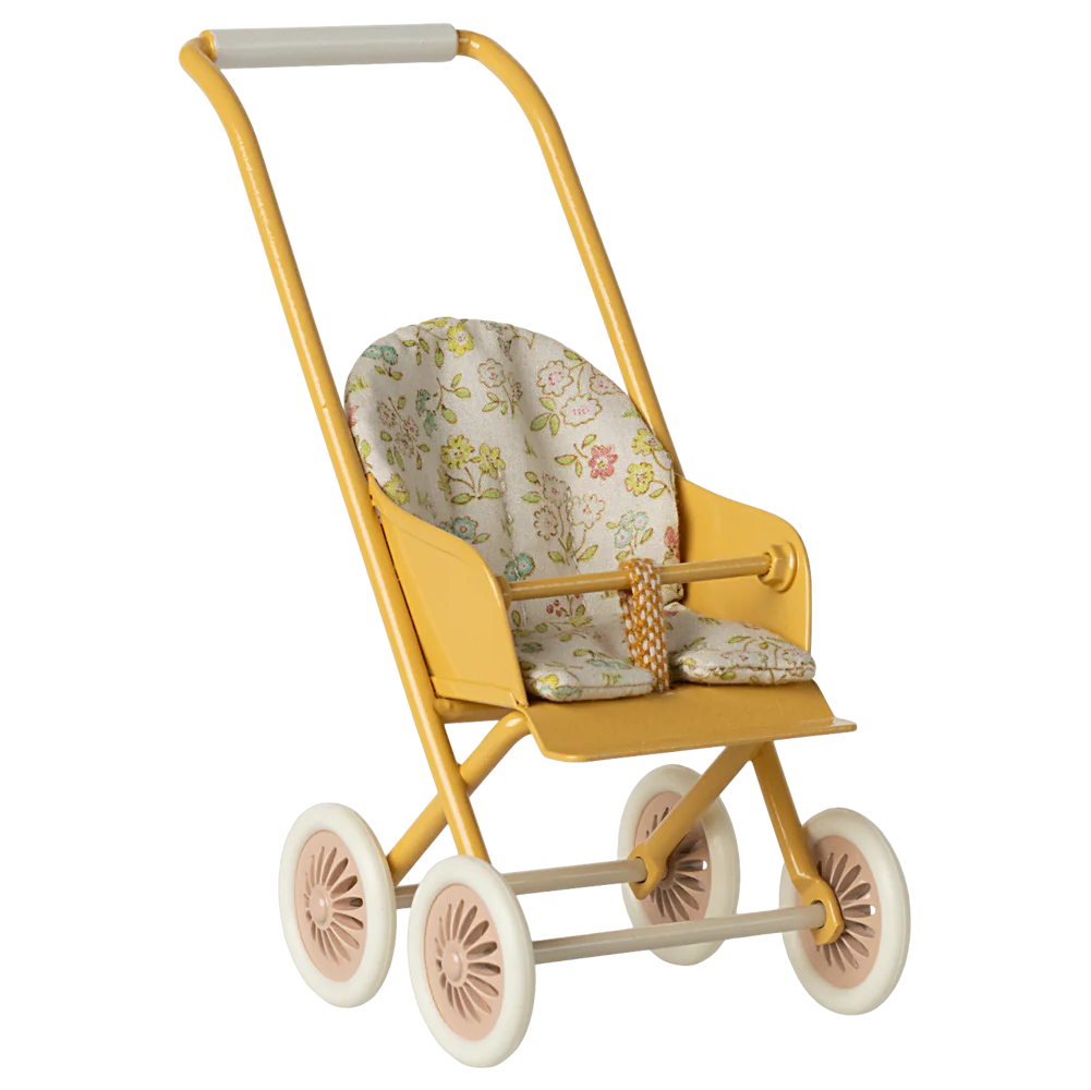 A yellow stroller designed for bunny or rabbit size micro with a floral patterned seat and white wheels.