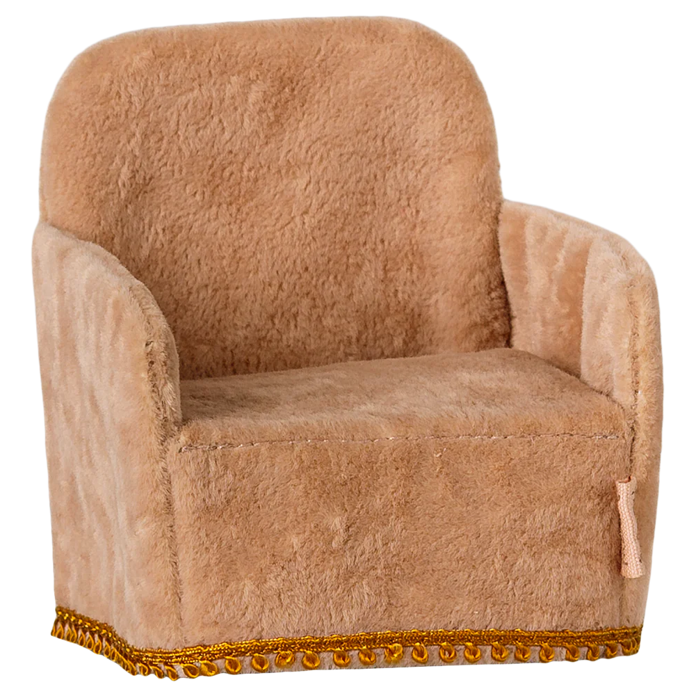 A beige and gold Maileg folding chair toy designed for kids, with a plush texture and decorative trim.
