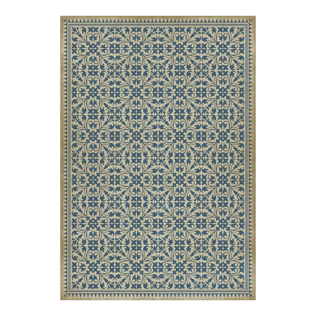 Decorative rug with a blue and beige pattern on a white background