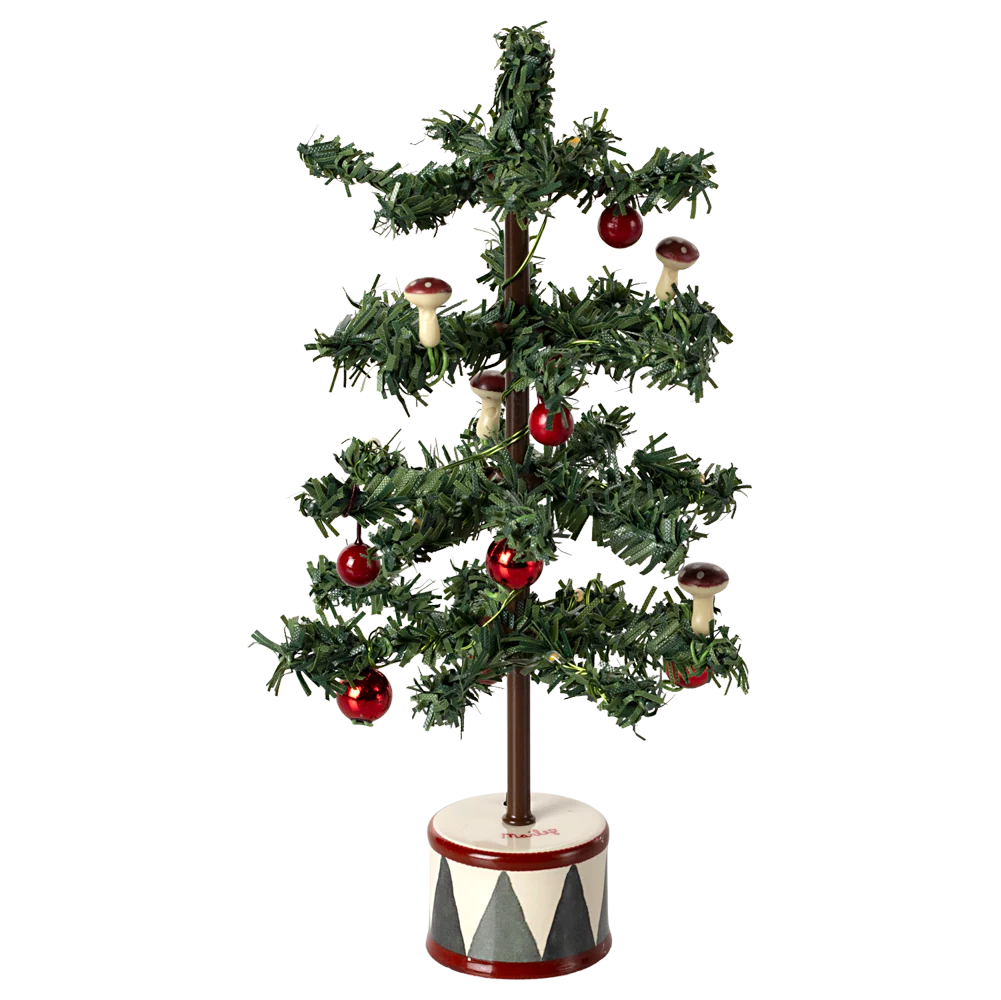 Decorative Christmas tree with red ornaments on a white background