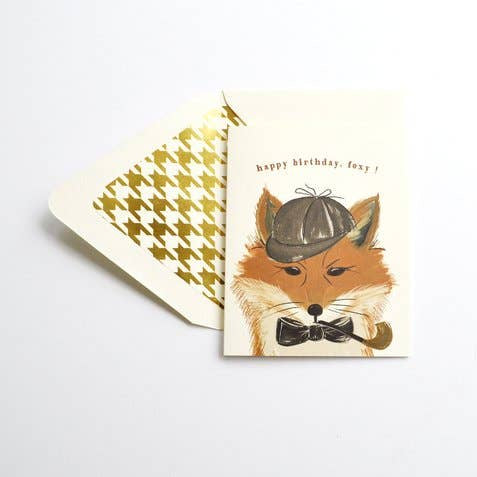 Greeting card with a fox illustration and houndstooth pattern on a white background