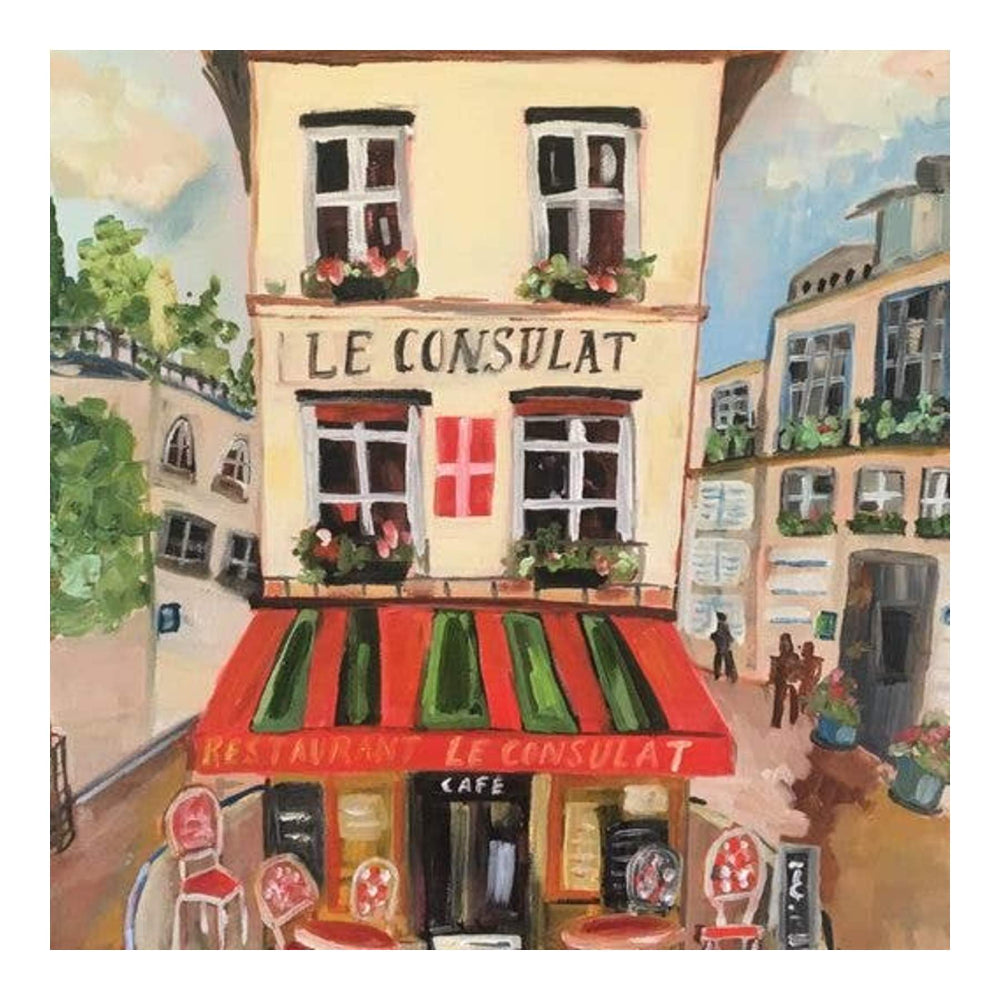 Painting of a two-story building with 'Le Consulat' sign and red and green striped awning.