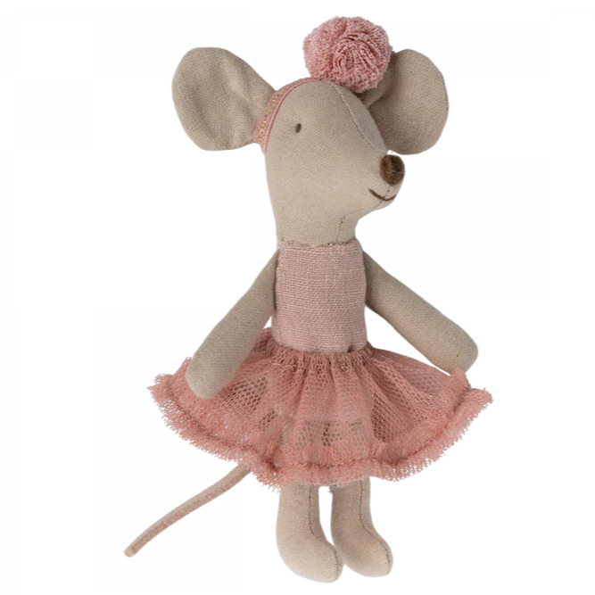 A toy mouse dressed as a ballerina with a rose-colored tutu and headband, with a neutral background.