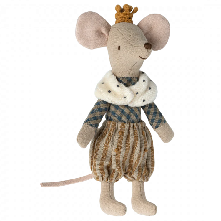 Stuffed toy mouse in a plaid outfit with a crown on a white background