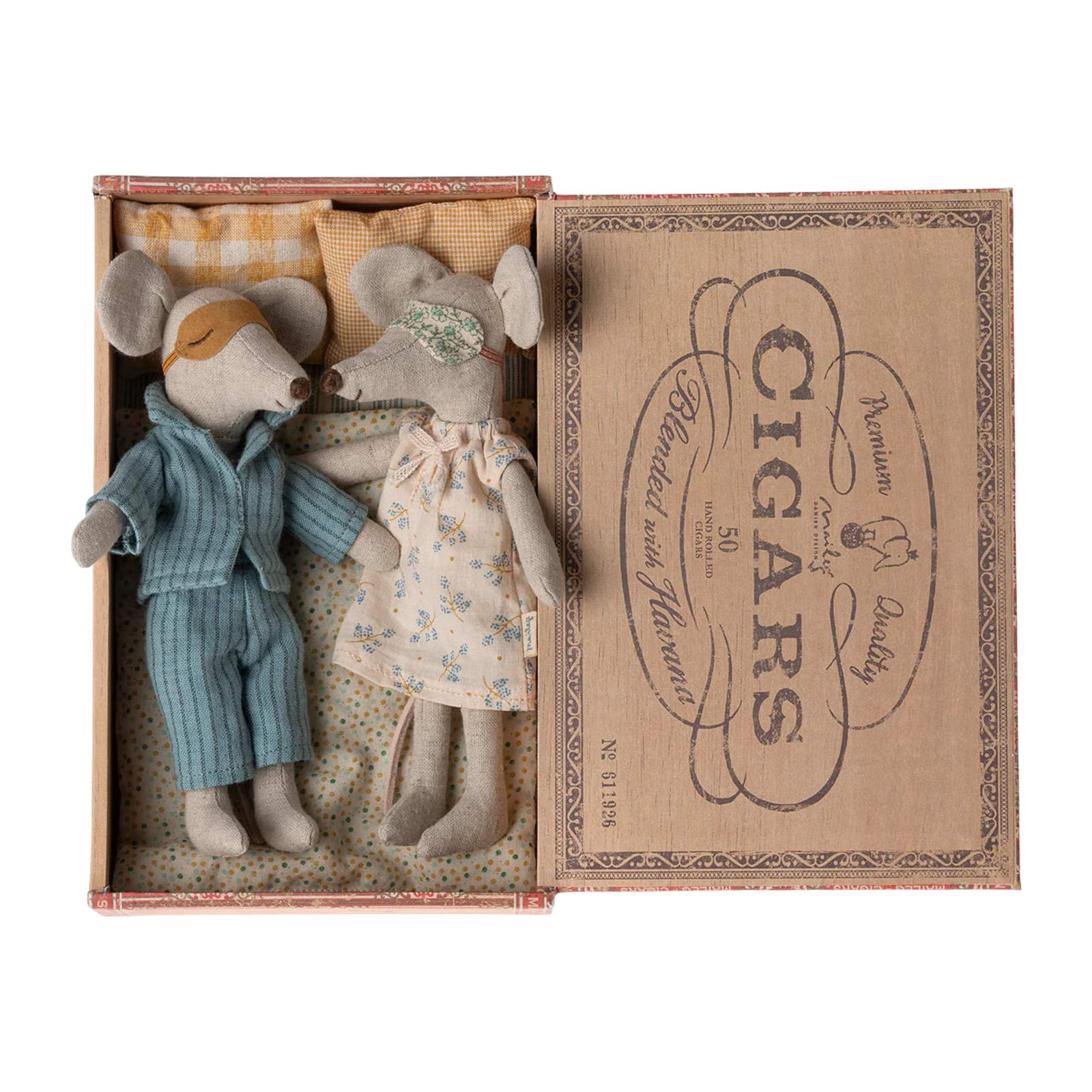Two toy mice in a decorative box labeled 'Cigars'.