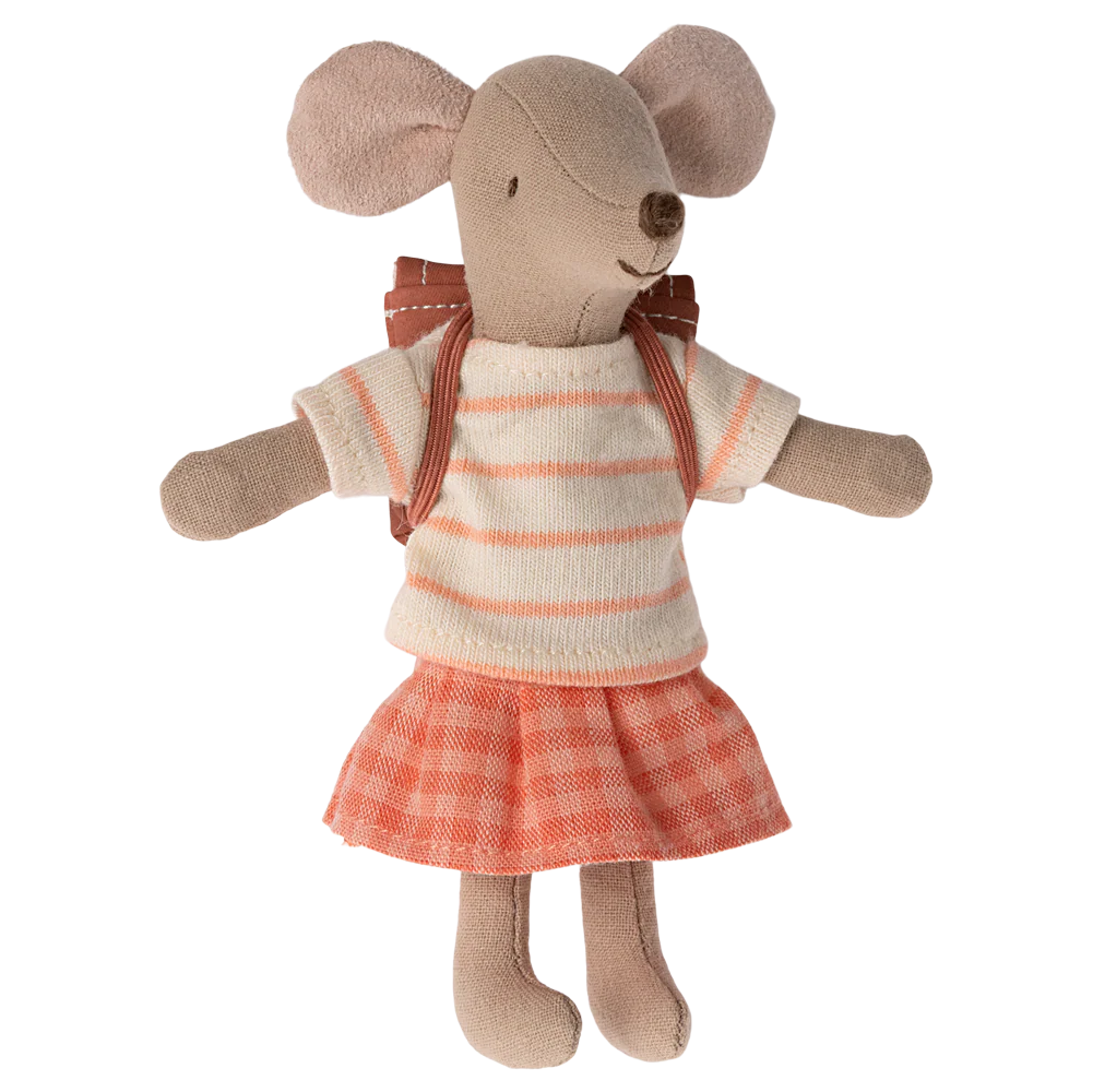 Stuffed mouse toy wearing a striped shirt and plaid skirt on a white background