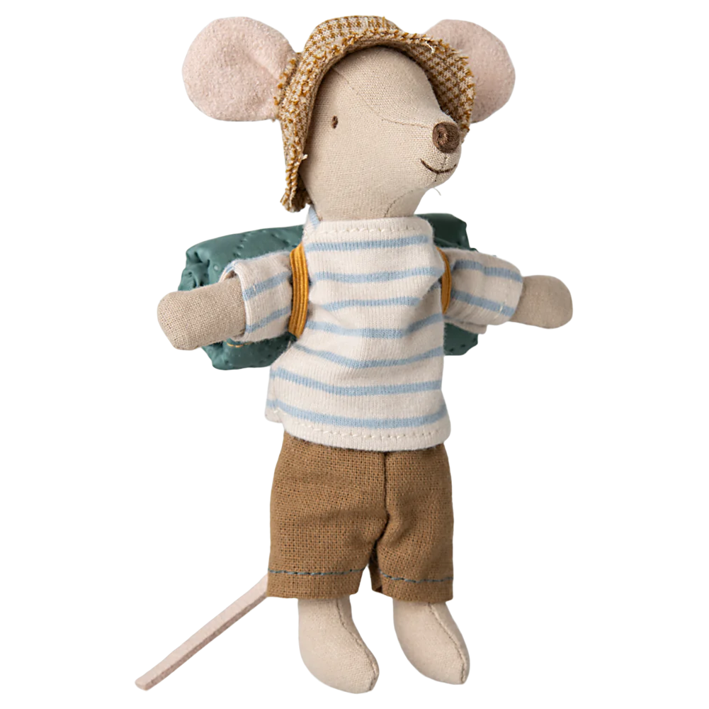 A toy mouse dressed in a striped shirt and pants, with a hat on its head, holding a sleeping bag, and equipped with a backpack.