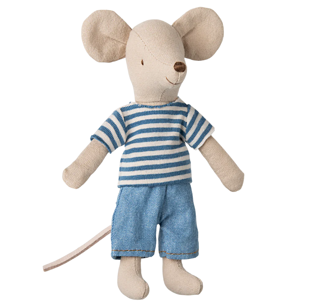 A plush toy resembling a mouse wearing a blue striped shirt and denim pants.