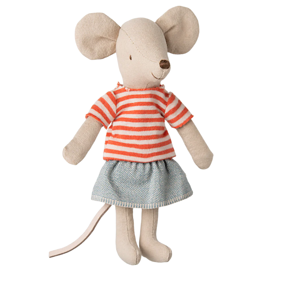 A toy mouse with a red striped t-shirt and a denim skirt, beige ears, and a white tail.