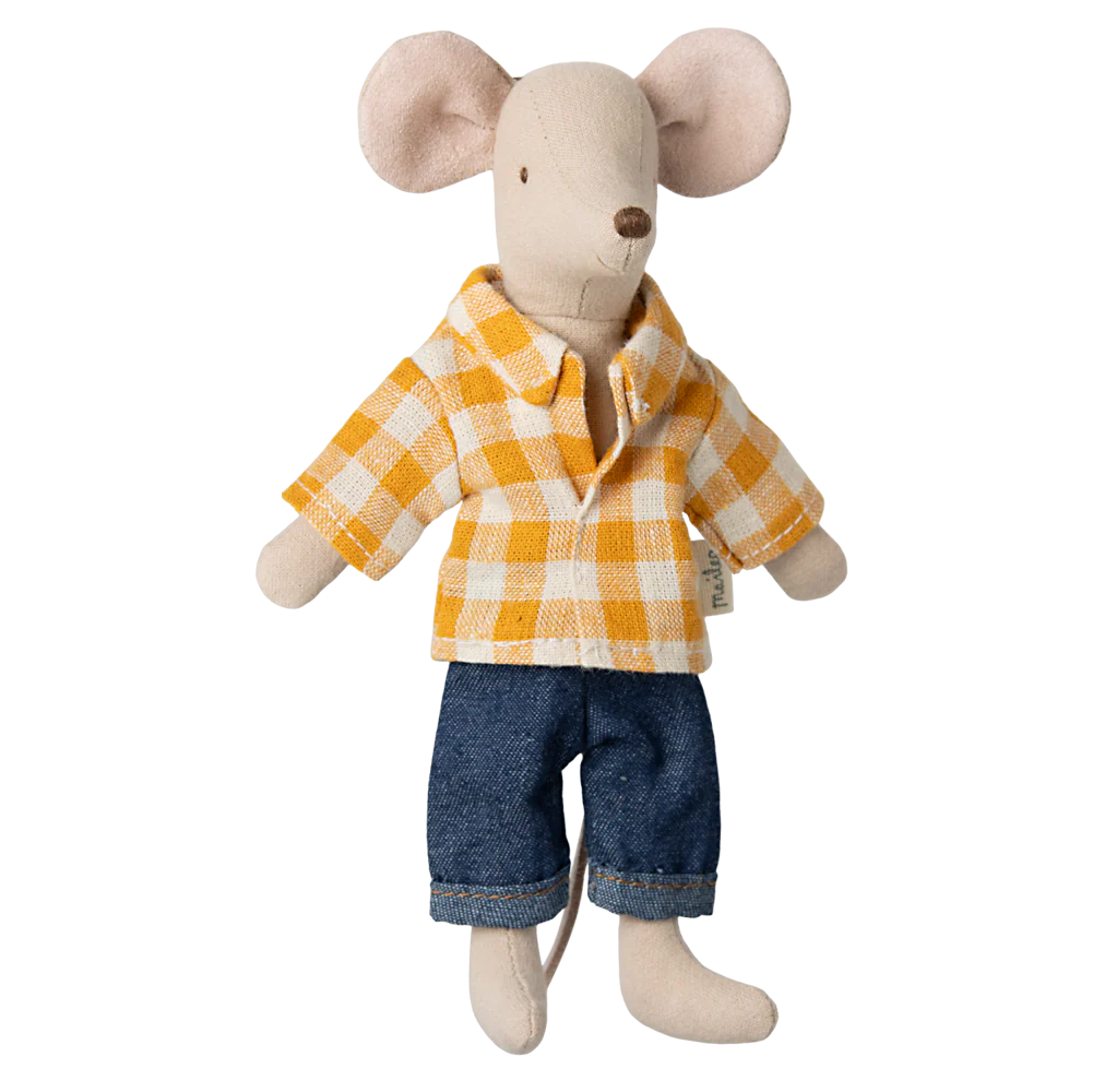 A toy mouse with a checked shirt and denim pants.