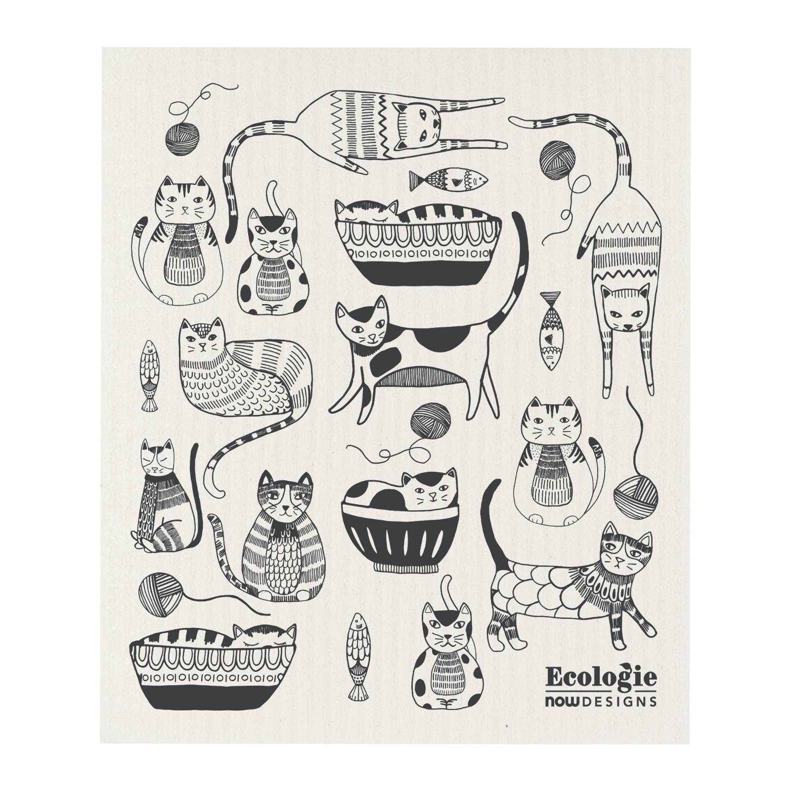 White towel with black cat illustrations and 'Ecologie Now Designs' branding.