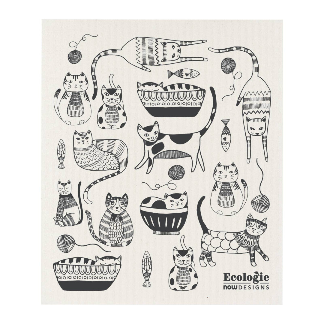 White towel with black cat illustrations and 'Ecologie Now Designs' branding.