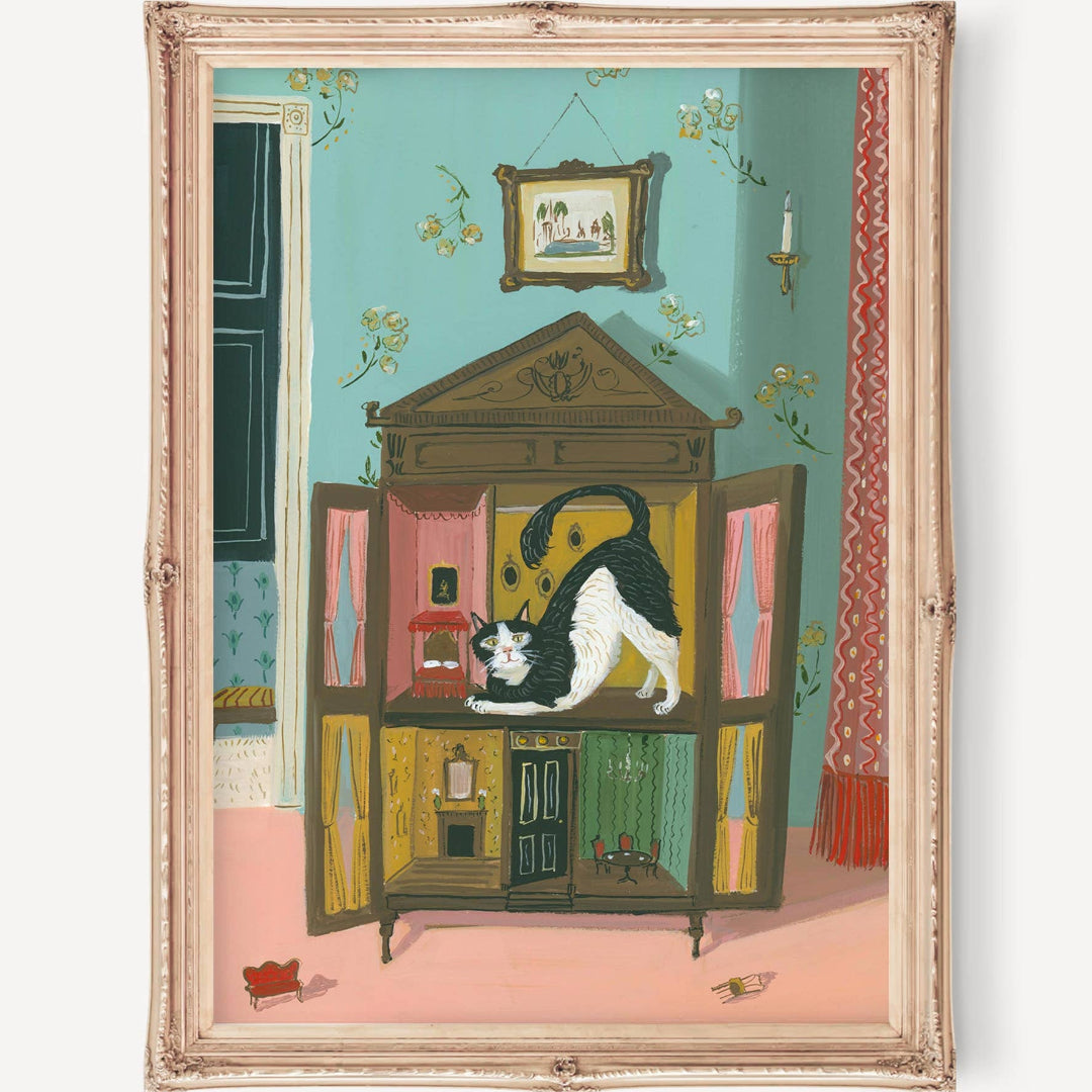 Illustration of a cat inside an open cabinet with a decorative interior, framed artwork.