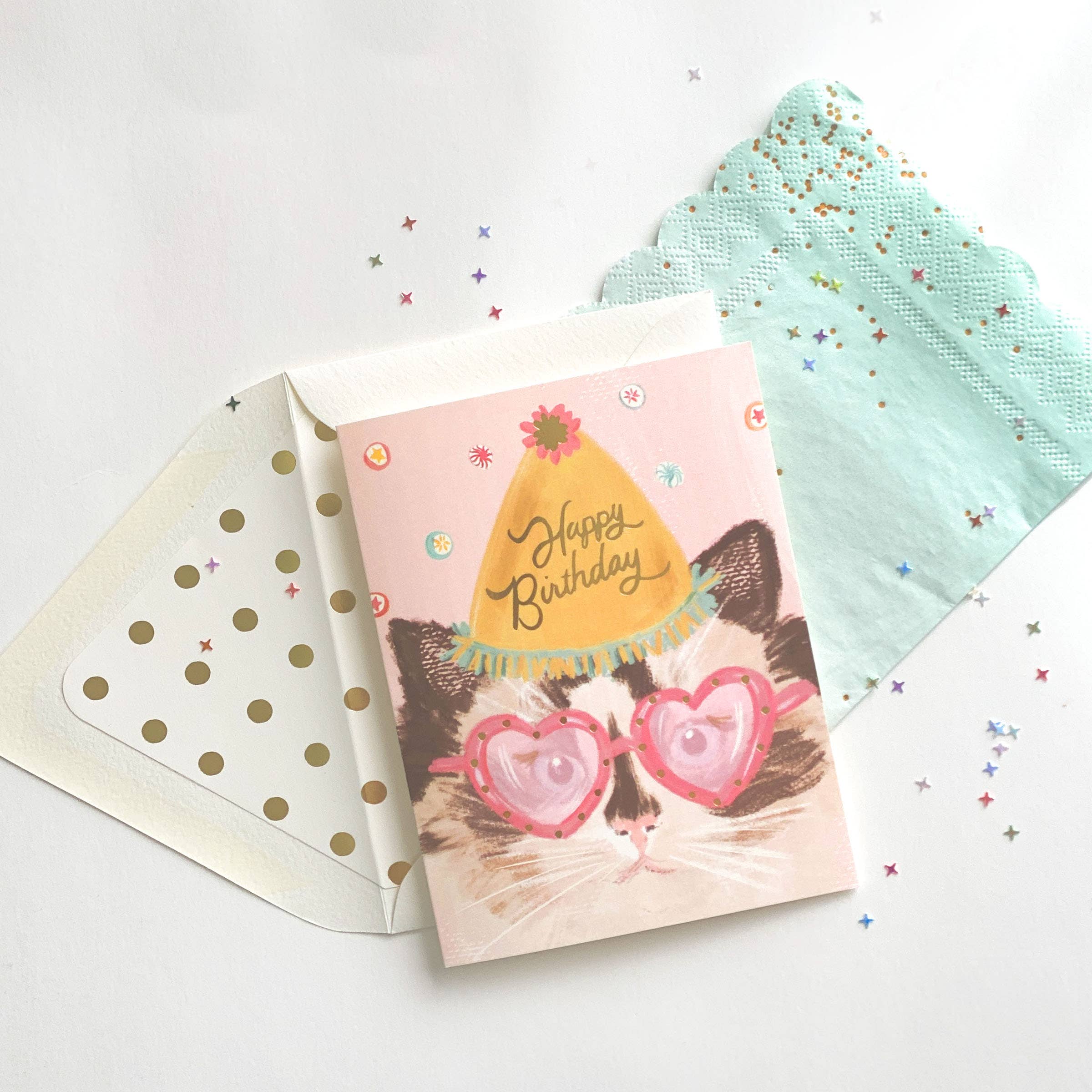 The First Snow - Happy Birthday Cat with Heart Glasses