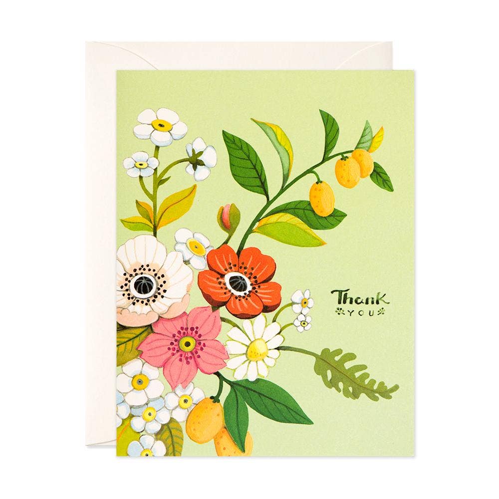 Floral card with colorful flowers and the text 'Thank you' on a light green background.