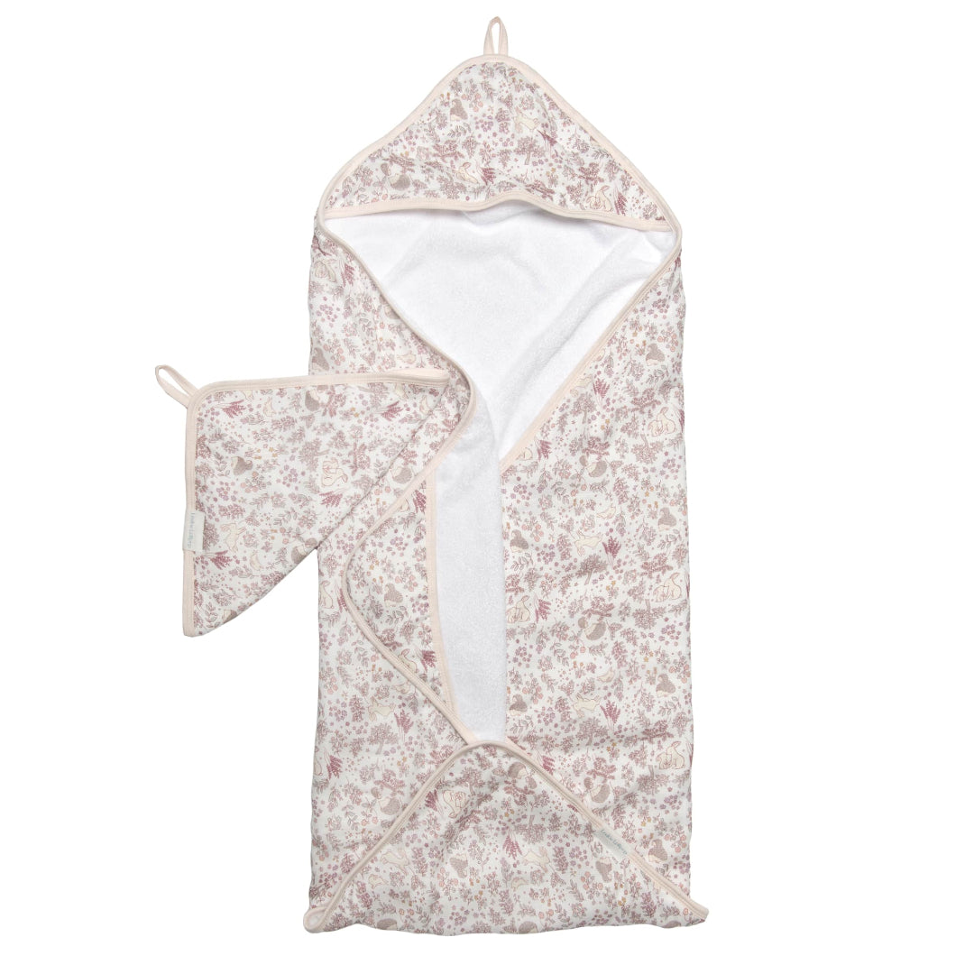 Floral-patterned hooded towel on a white background