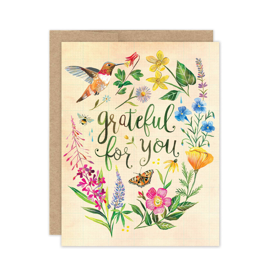 Greeting card with floral design and 'Grateful for you' text on a beige background