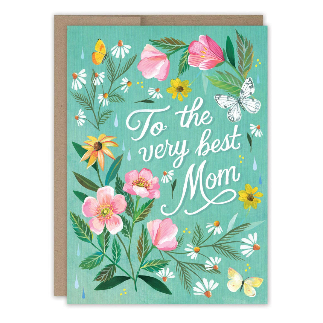 Greeting card with floral design and 'To the very best Mom' text on a teal background