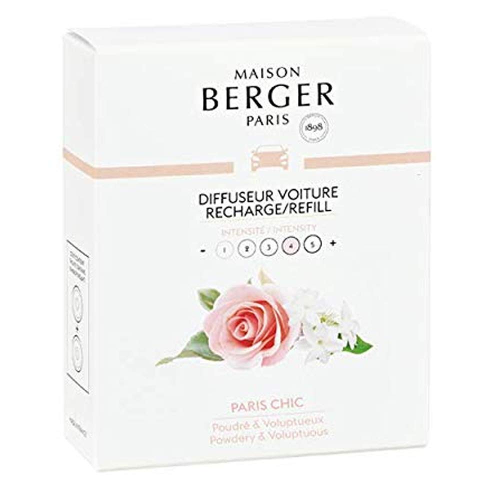 Packaging box of Maison Berger Paris car diffuser refills with a floral design and the name 'Paris Chic' on it.