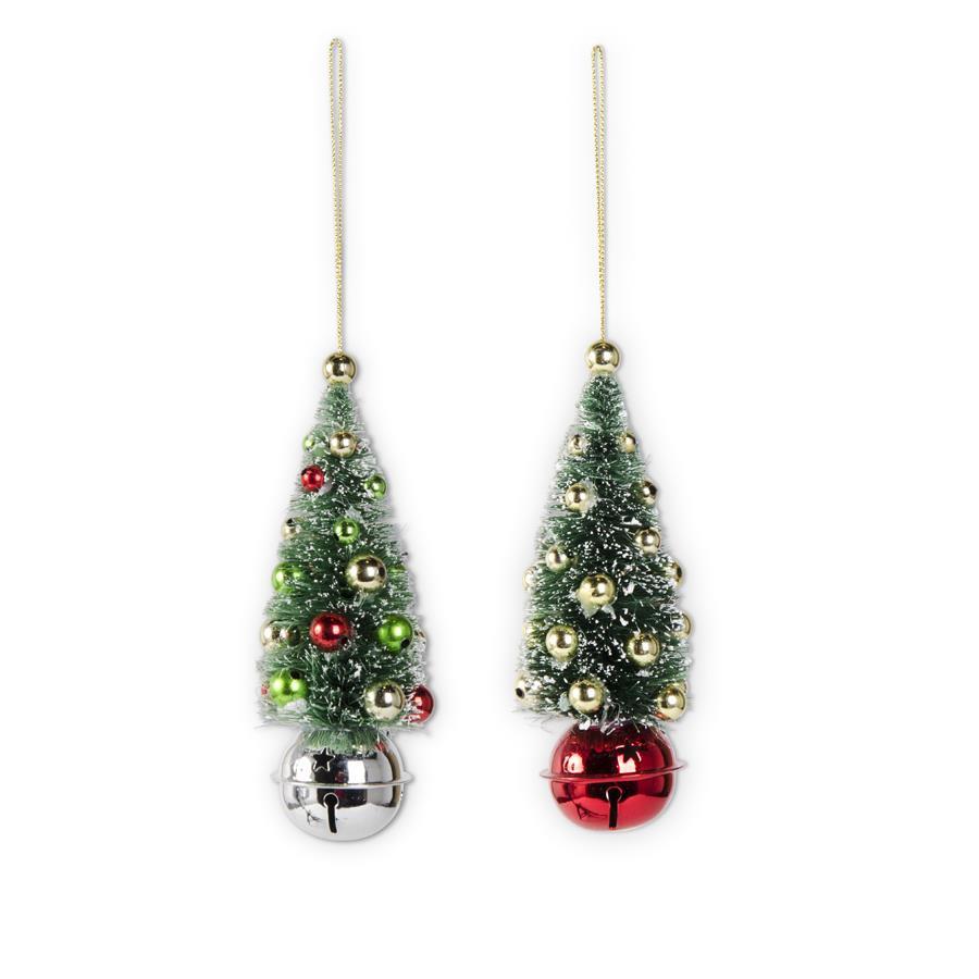 Two Christmas tree ornaments with decorative balls on a white background