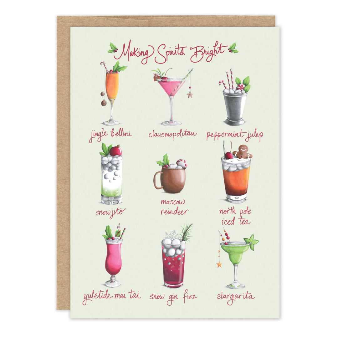 A greeting card titled 'Making Santa Bright' with nine illustrated holiday cocktails and their names printed below, shown with a kraft envelope behind it on a white background.