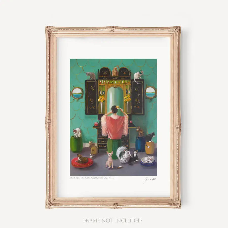 A framed art print featuring a vibrant, whimsical illustration of a person with a pink shirt and green hat, surrounded by various animals and vintage-style furniture and decorations, in a room with a mirror and a window. The frame is white, and the artwork is signed and titled by the artist.