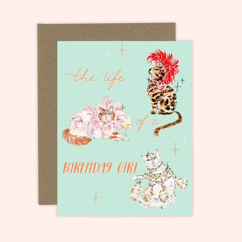 Greeting card with illustrations of a cat on a light blue background