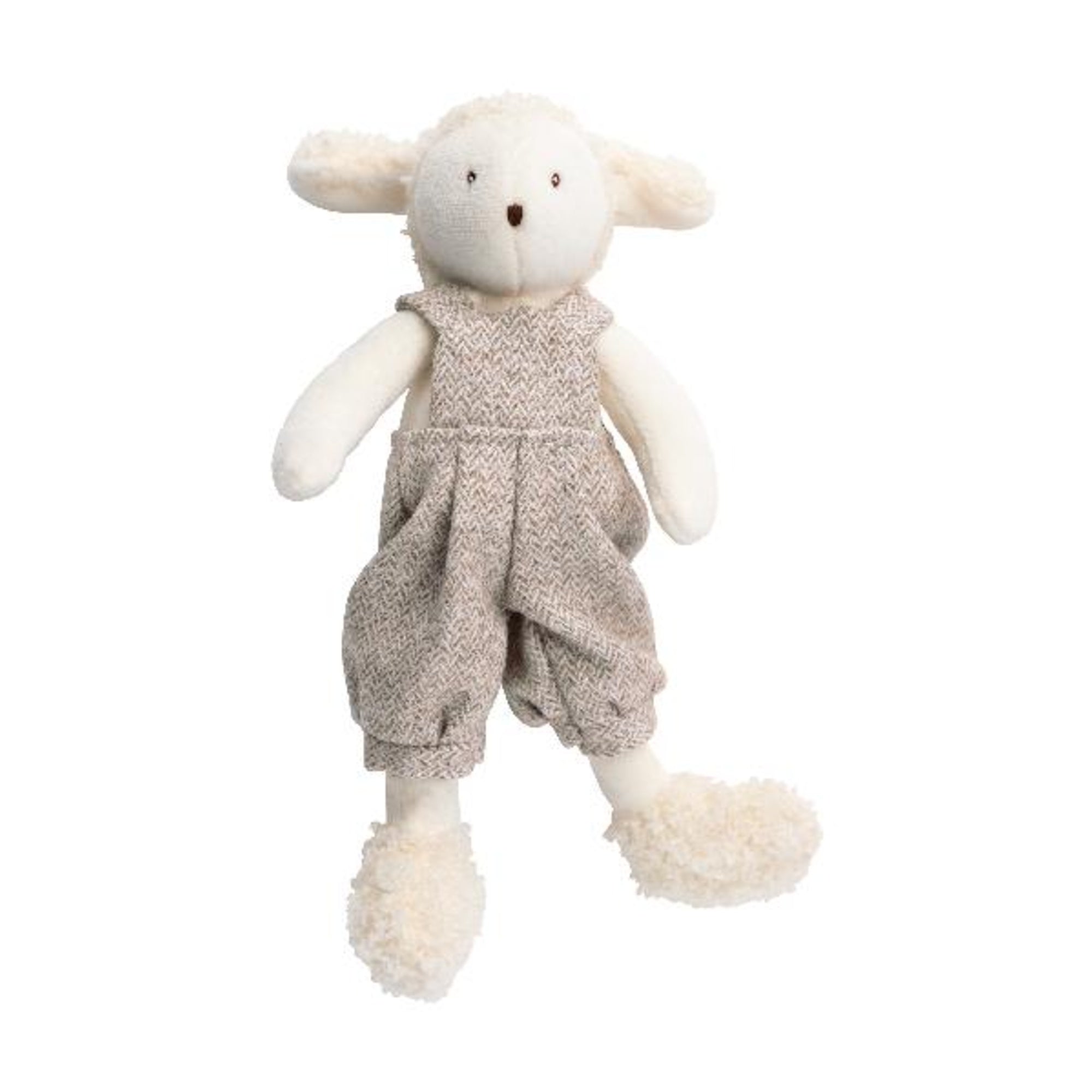 Stuffed toy sheep wearing a textured outfit on a white background