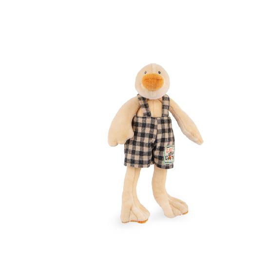 A miniature soft toy depicting a duck with a gingham overall and a yellow beak, designed for little hands.