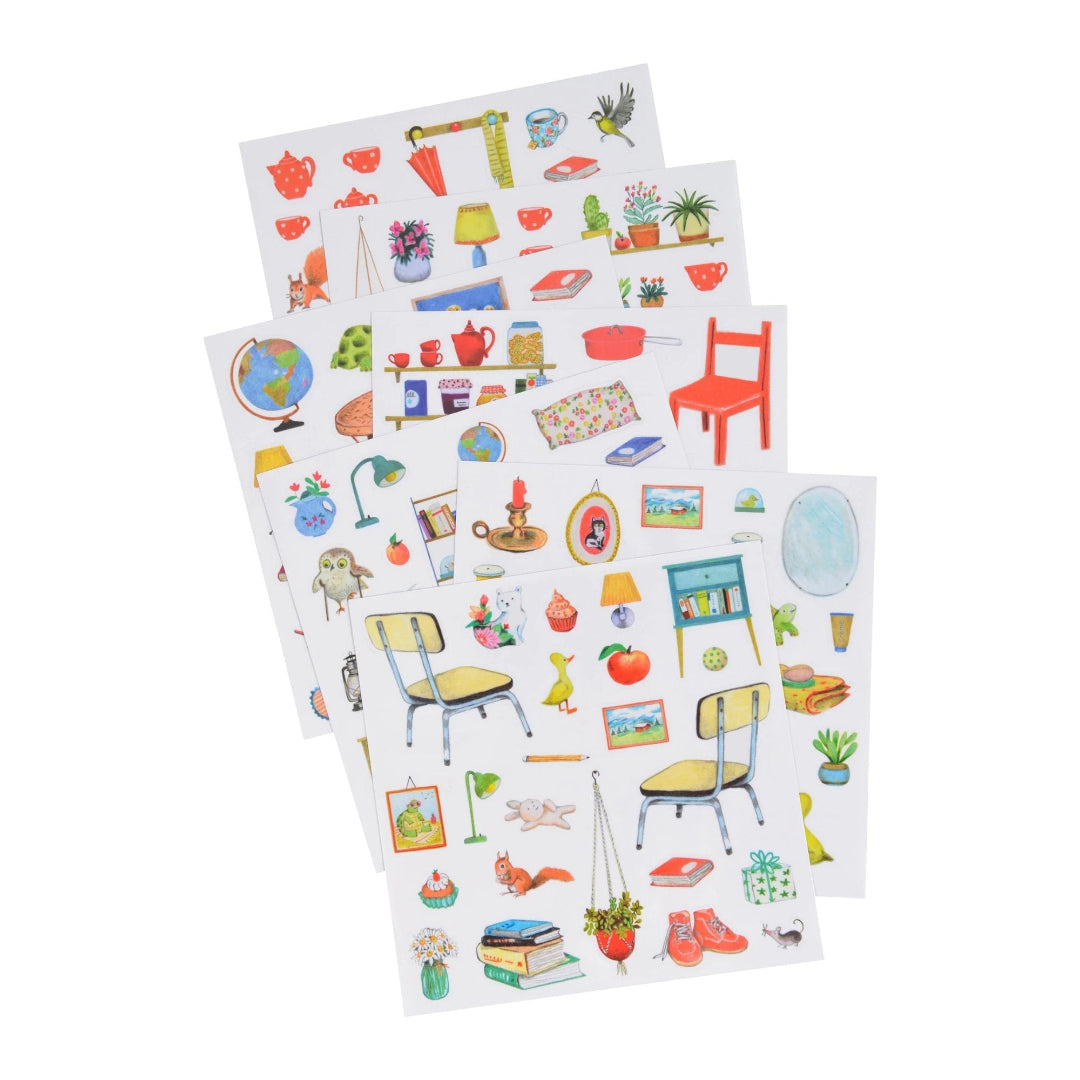 Set of four sheets of colorful stickers featuring various items on a white background