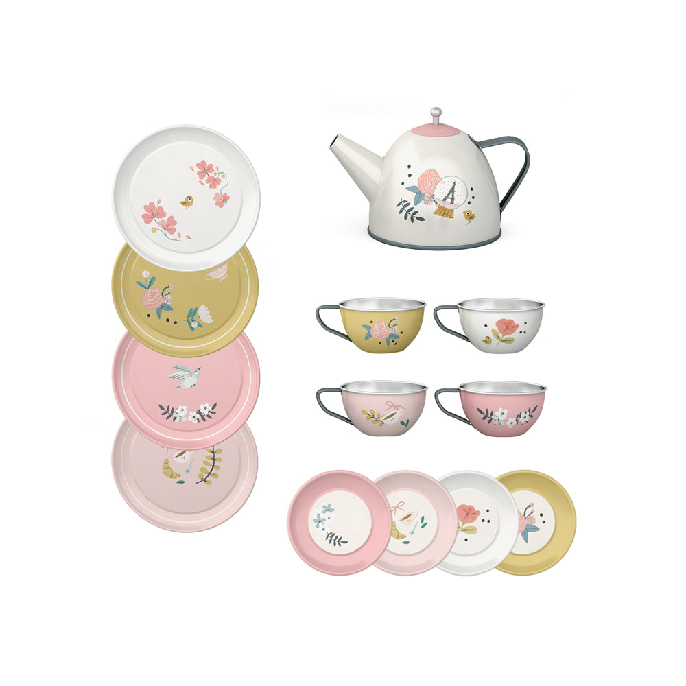 Children's tea set with floral designs on a white background