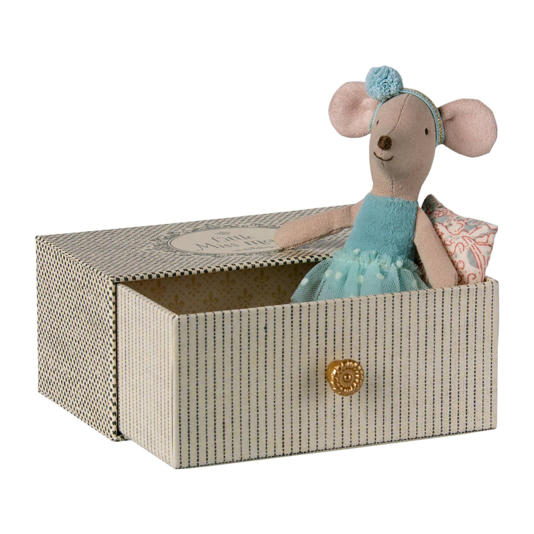Stuffed mouse toy in a decorative box on a white background