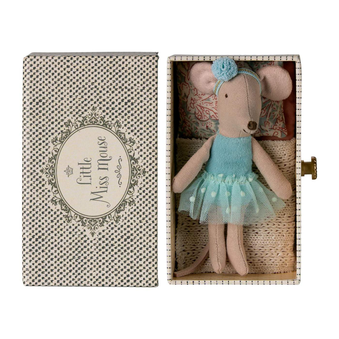 Stuffed mouse toy in a decorative box with 'Little Miss Mouse' .