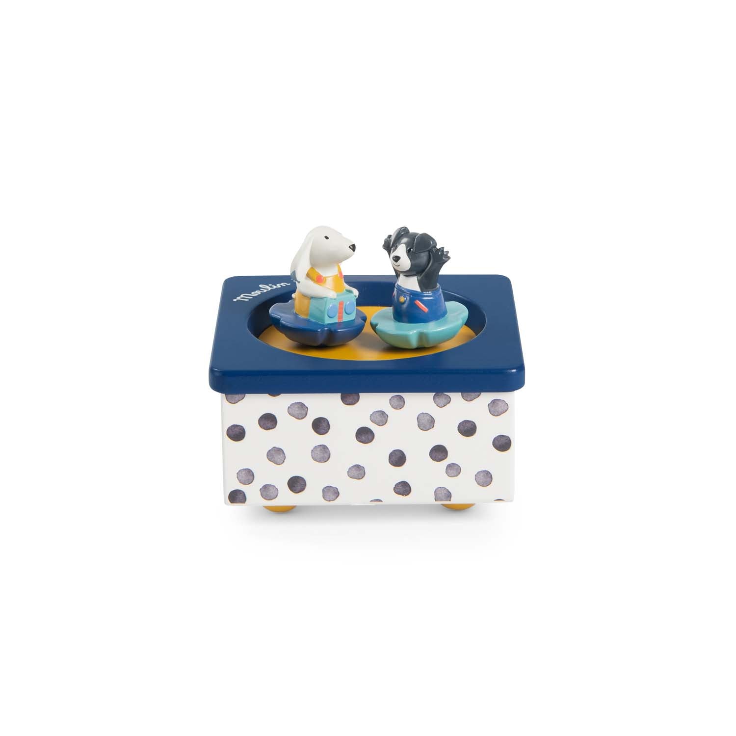Decorative box with polka dot pattern featuring two small figurines on a white background