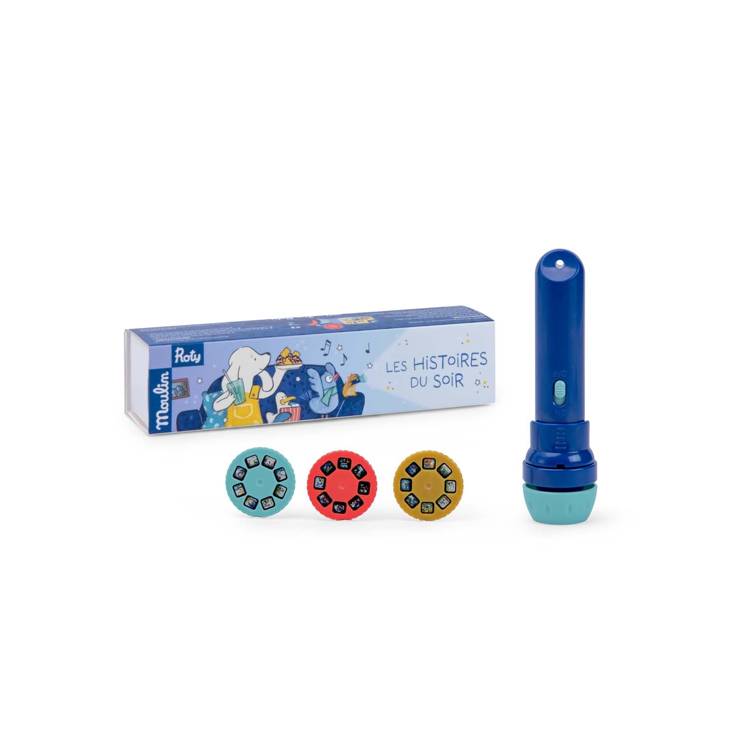 Children's storybook flashlight set with colorful reels and packaging on a white background